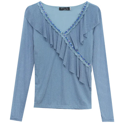 Fashion Ruffled Beaded Long Sleeve T-Shirt Blouse